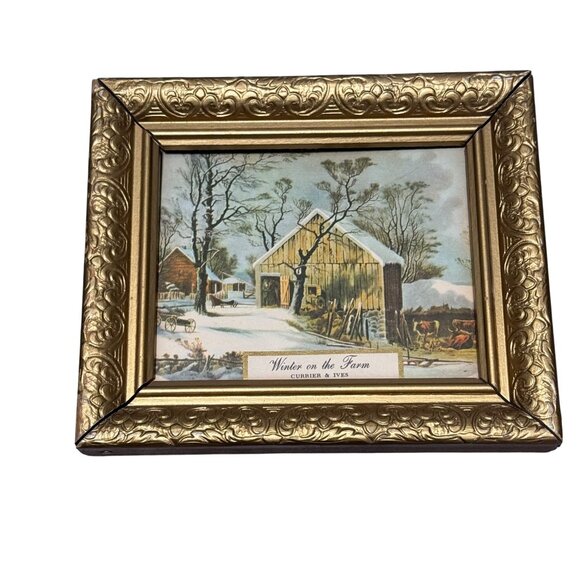 Currier Ives Rustic Winter Farm Wall Art Set of 2 VTG Framed Prints Americana - Picture 4 of 12